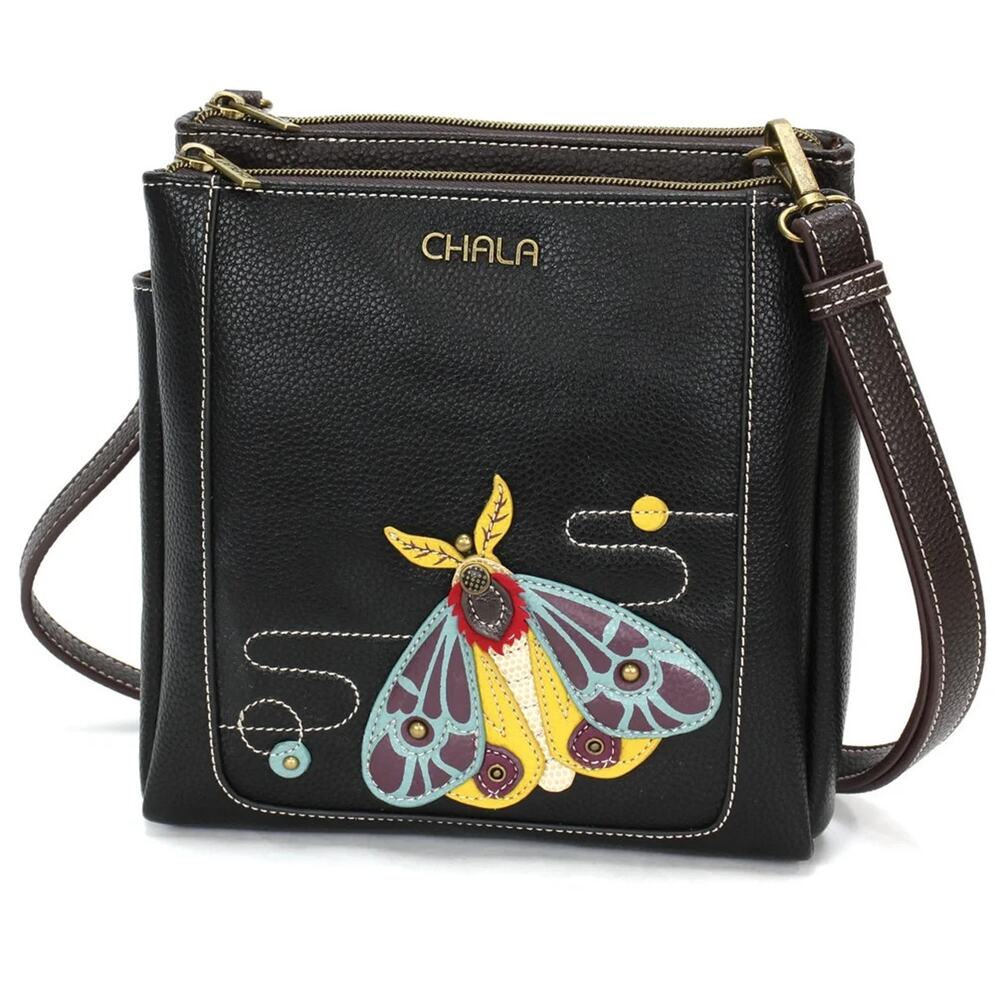 Chala Merry Messenger Faux Leather Crossbody Purse - Moth, Black NWT